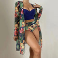 Conjunto Biquíni 3 Peças Feminino com Saída de Praia Estampa Tropical Ferrazi