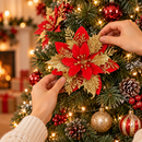 Flores de Natal Vermelhas e Douradas com Glitter Ferrazi para Árvore 14cm - Kit 20 Flores