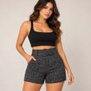 Short Feminino Cintura Alta Mesclado com Cinto Fixo e Bolsos Ferrazi