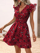 Vestido Feminino Floral Plissado com Decote em V Ferrazi