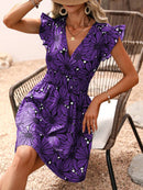 Vestido Feminino Floral Plissado com Decote em V Ferrazi